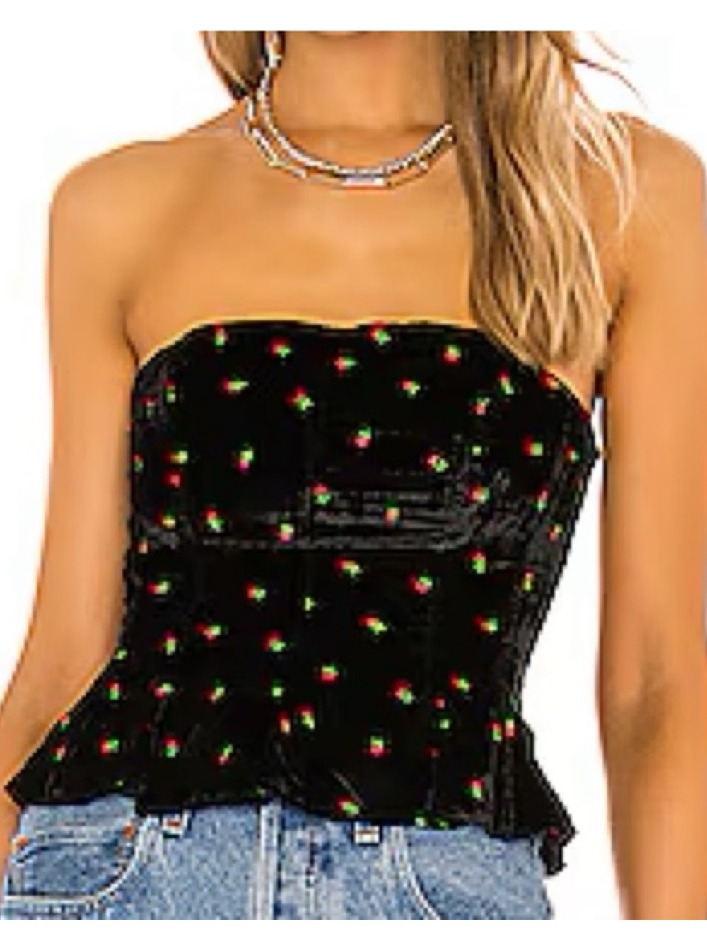 Free People Black Velvet Strapless Top with Red Floral Dots